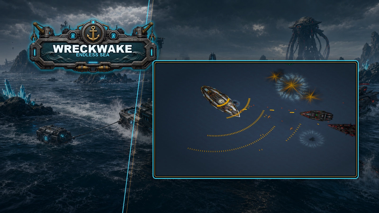 Wreckwake warship crossing a hostile sea
