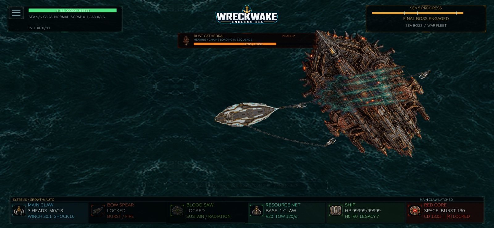 English Wreckwake boss combat with multiple grappling cables